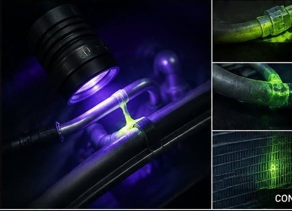 Lampe UV éclairant un raccord de climatisation : le traceur fluorescent révèle la fuite